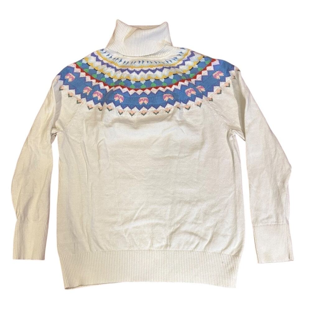 LL BEAN Women's Fairisle Turtleneck Sweater MEDIUM White Grandma core Cottage